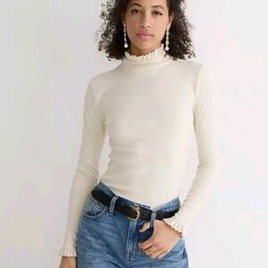 J. Crew Ribbed Ruffle Neck Long Sleeve Top Size Medium NEW NWT Tan Beige